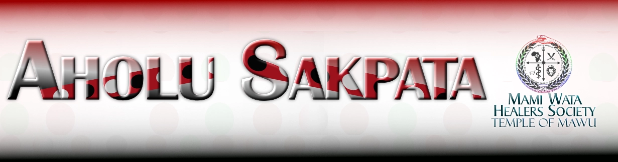 the words "Aholu Sakpata" (ah how lu sak pat a)written next to the Mami Wata Healers Society Temple of Mawu Logo.